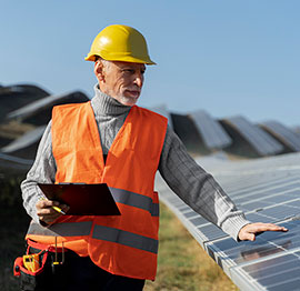 Instaladores de placas solares en Mallorca con casco amarillo y un chaleco de seguridad naranja sostiene un portapapeles mientras inspecciona los paneles solares al aire libre.